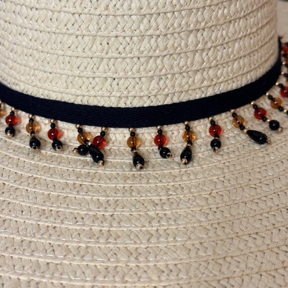 Wide Brim Straw Sun Hat Floppy Black Fringe Teardrop Beaded Band Resort Fashion main image 5